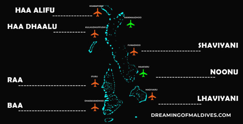 List of all Maldives Airports and their respective Atolls with Maps